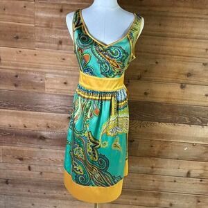 Y2K Yellow and green paisley print dress with tie waist